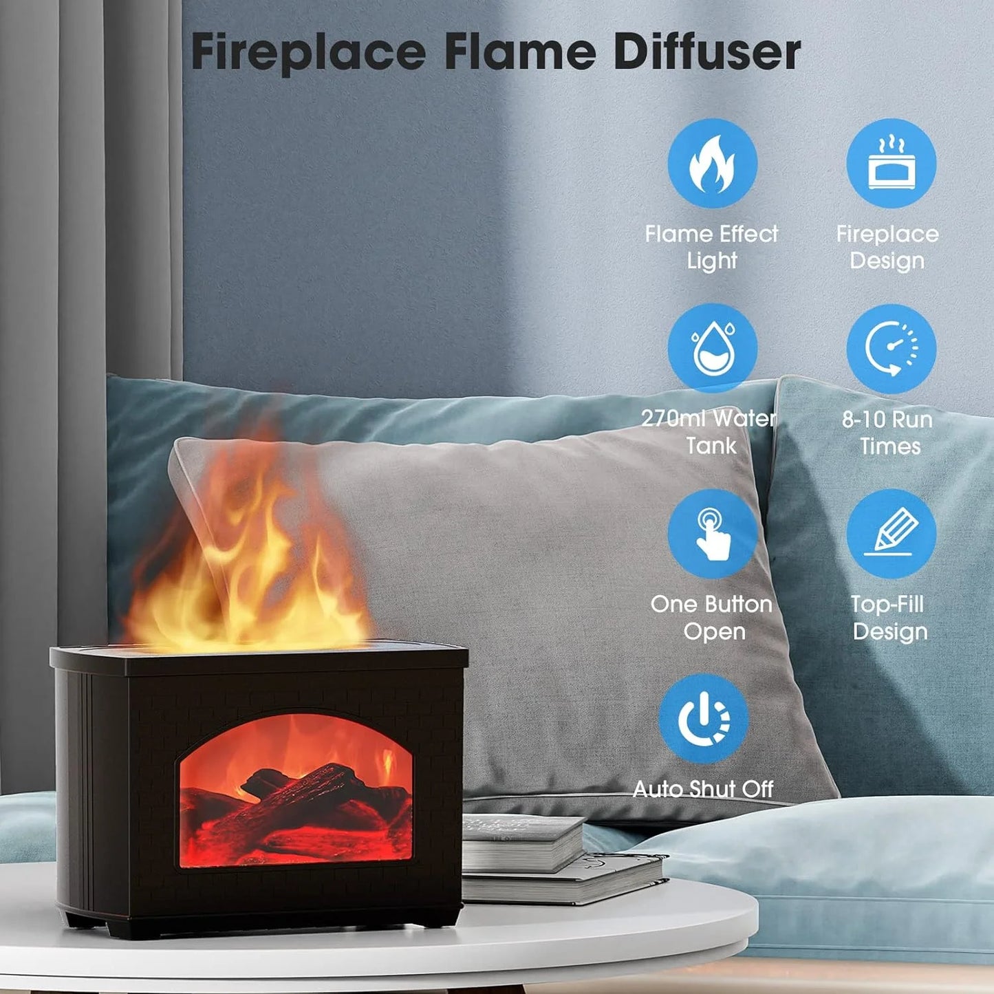 Flame Oil Diffuser, 270Ml Cool Mist Humidifier Diffuser,Sleep Relax for Outdoor Bedroom Living Roomï¼Fireplace Air Diffuser