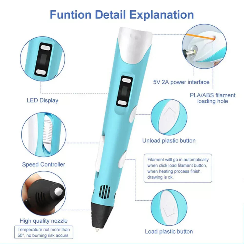 3D Printing Pen Set USB Doodle Drawing LCD Screen and 3 Free Filaments Kid Gift