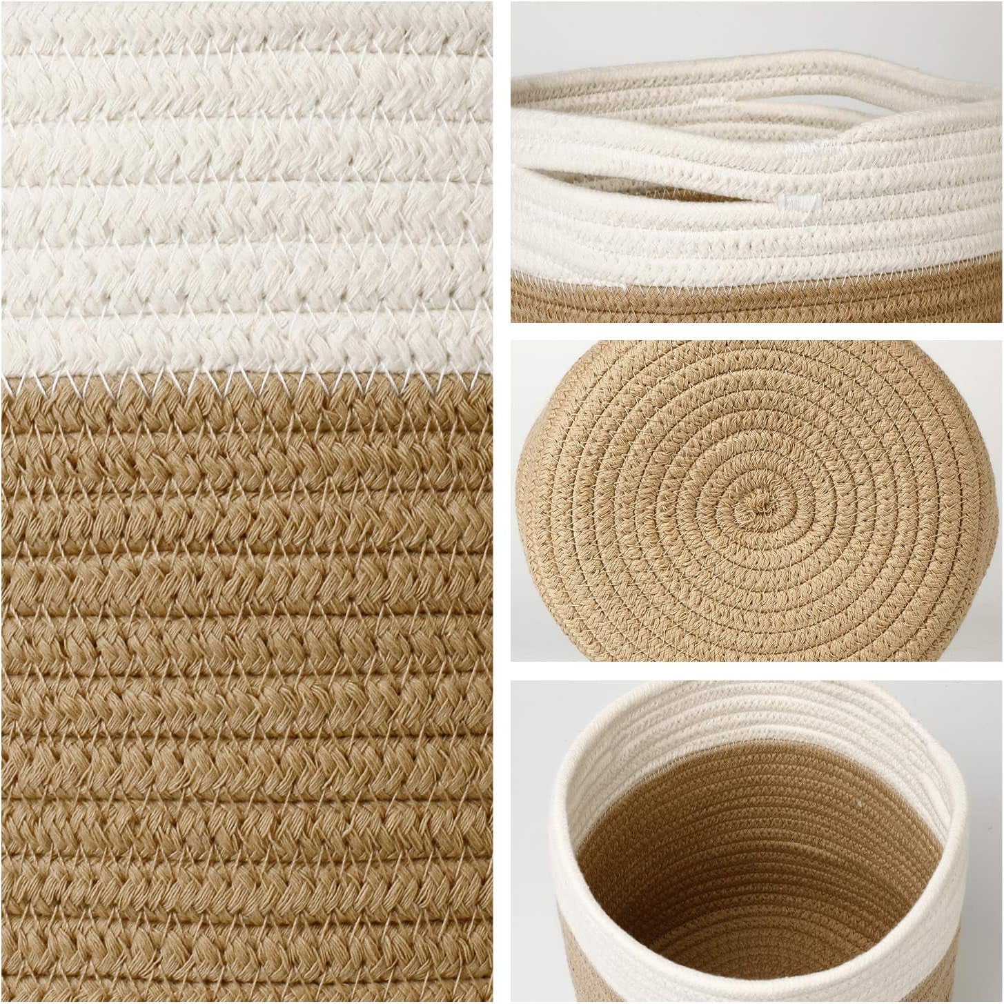 8"X7.5" Basket Planters for Indoor Plants, up to 7.5 Inch Flower Pot, Sturdy Woven Rope Organizer with Handle, Small, White Brown Stripes