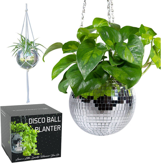 Disco Ball Planter – Value Package: Mirror Disco Planter with Chain, Macrame Hanger and Acrylic Stand for Desk, Includes Self Watering Insert, Disco Ball Decor | 6 Inch Silver