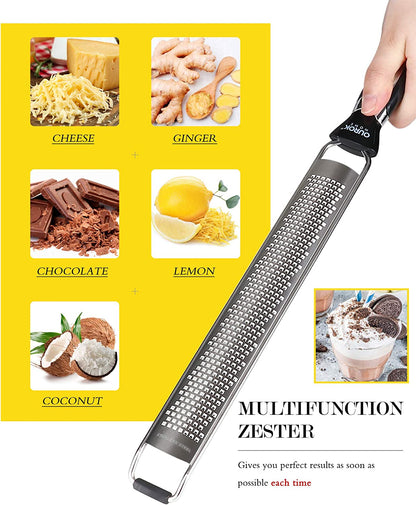 Kitchen Lemon Zester, Stainless Steel Hand Held Parmesan Cheese Grater for Ginger, Chocolate, Coconut, Lime, Nutmeg, Citrus, Fruit, Vegetable with Cleaning Brush, Dishwasher Safe, Black