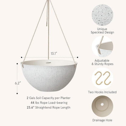 Large Hanging Planters for Outdoor Plants - 13 Inch Hanging Flower Pots Set of 2, Speckled White