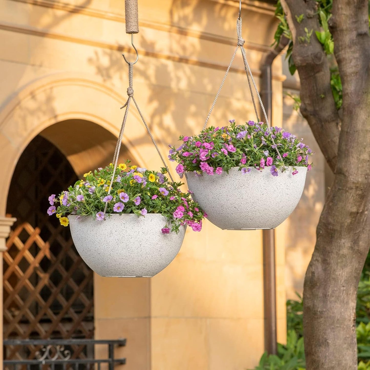 Large Hanging Planters for Outdoor Plants - 13 Inch Hanging Flower Pots Set of 2, Speckled White