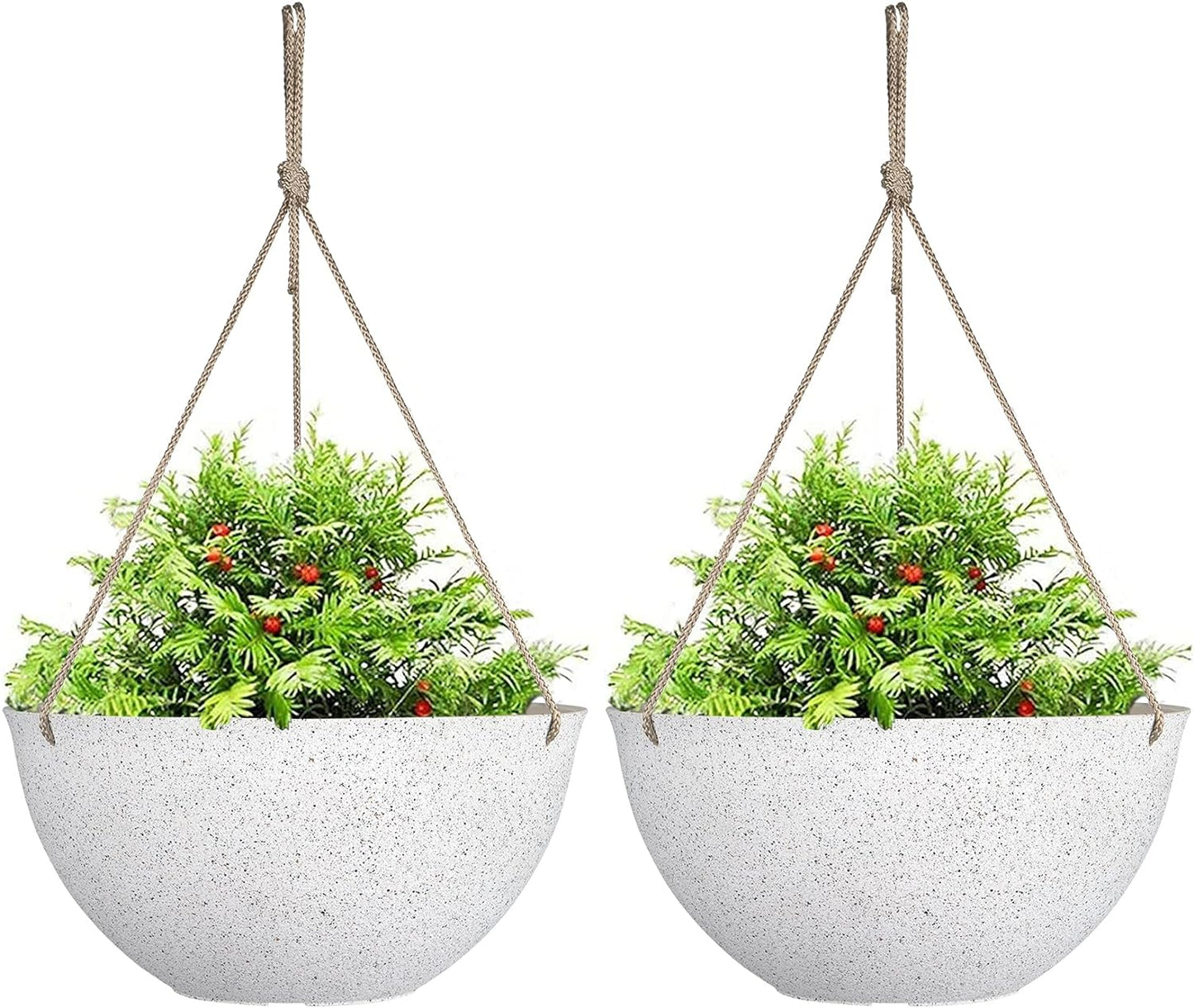 Large Hanging Planters for Outdoor Plants - 13 Inch Hanging Flower Pots Set of 2, Speckled White