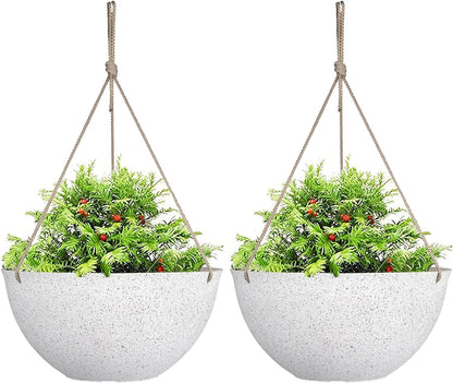 Large Hanging Planters for Outdoor Plants - 13 Inch Hanging Flower Pots Set of 2, Speckled White