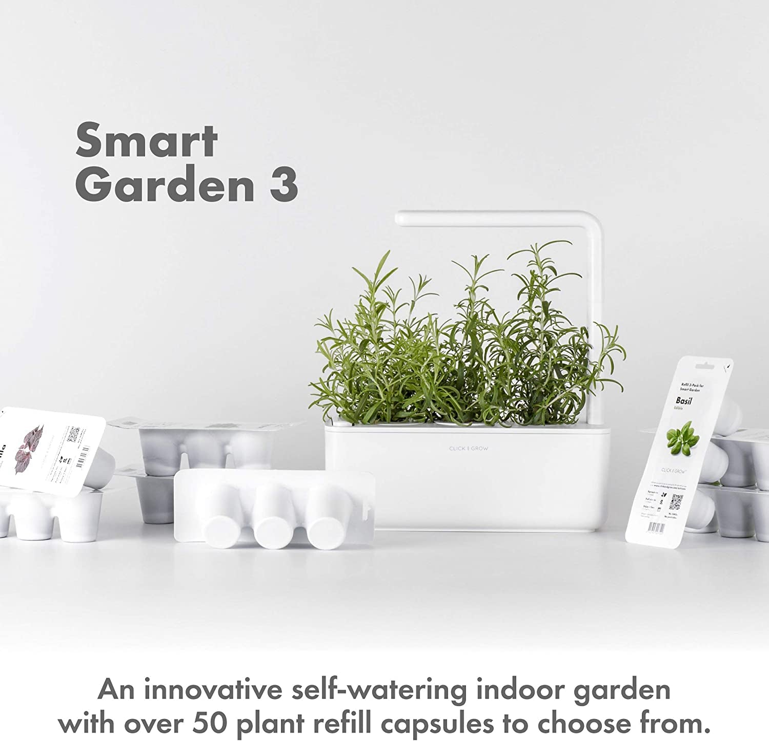 Click & Grow Smart Garden, 3 Pods Indoor Herb Growing System (3 Basil Pods Included)| Easier than Hydroponics Growing System, Automatic Nutrients, Watering and Grow Light, Noise-Free Technology, Beige