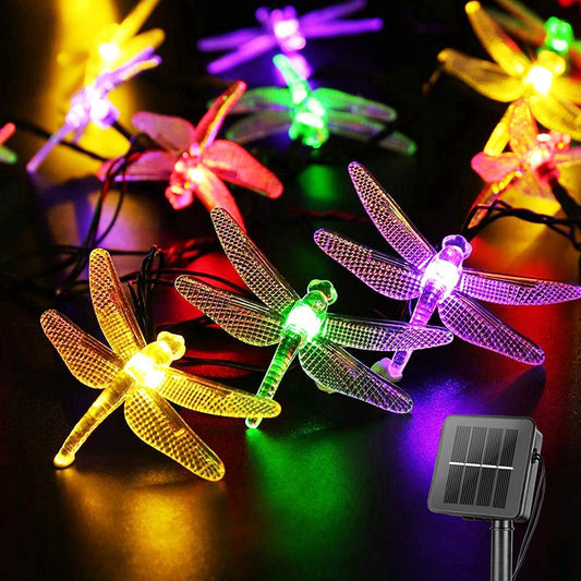 Dragonfly Solar String Lights Outdoor 25.6FT 30 LED Waterproof Solar Powered Fairy Lights, 8 Modes Decorative Lights for Patio Garden Yard Fence Wedding Christmas Party, Multicolor