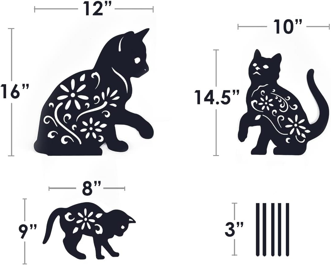 Cat Garden Metal Stakes - Black Cat Silhouette Stake for Yard, Garden Outdoor Spring Decor- Set of 3 Metal Animal Lawn Decorations, Cat Gifts for Cat Lovers