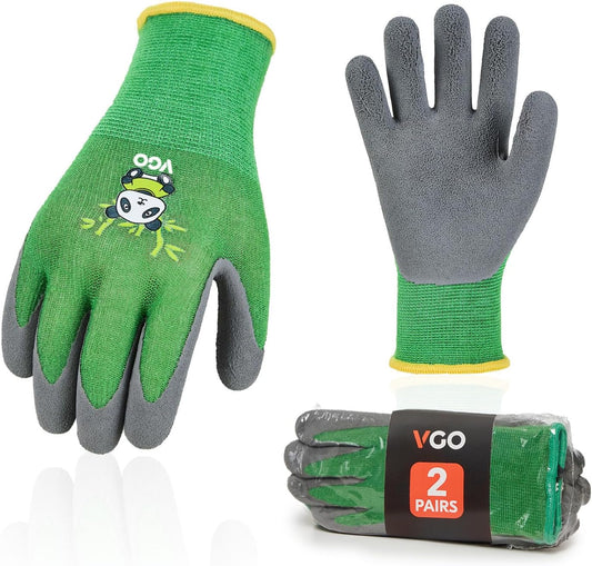 2-Pairs Age 5-7 Kids Gloves, Bamboo Fibre Gardening Gloves, Children Yard Work Gloves, Soft Safety Rubber Gloves (Size XXS, Green, KID-RB6026)