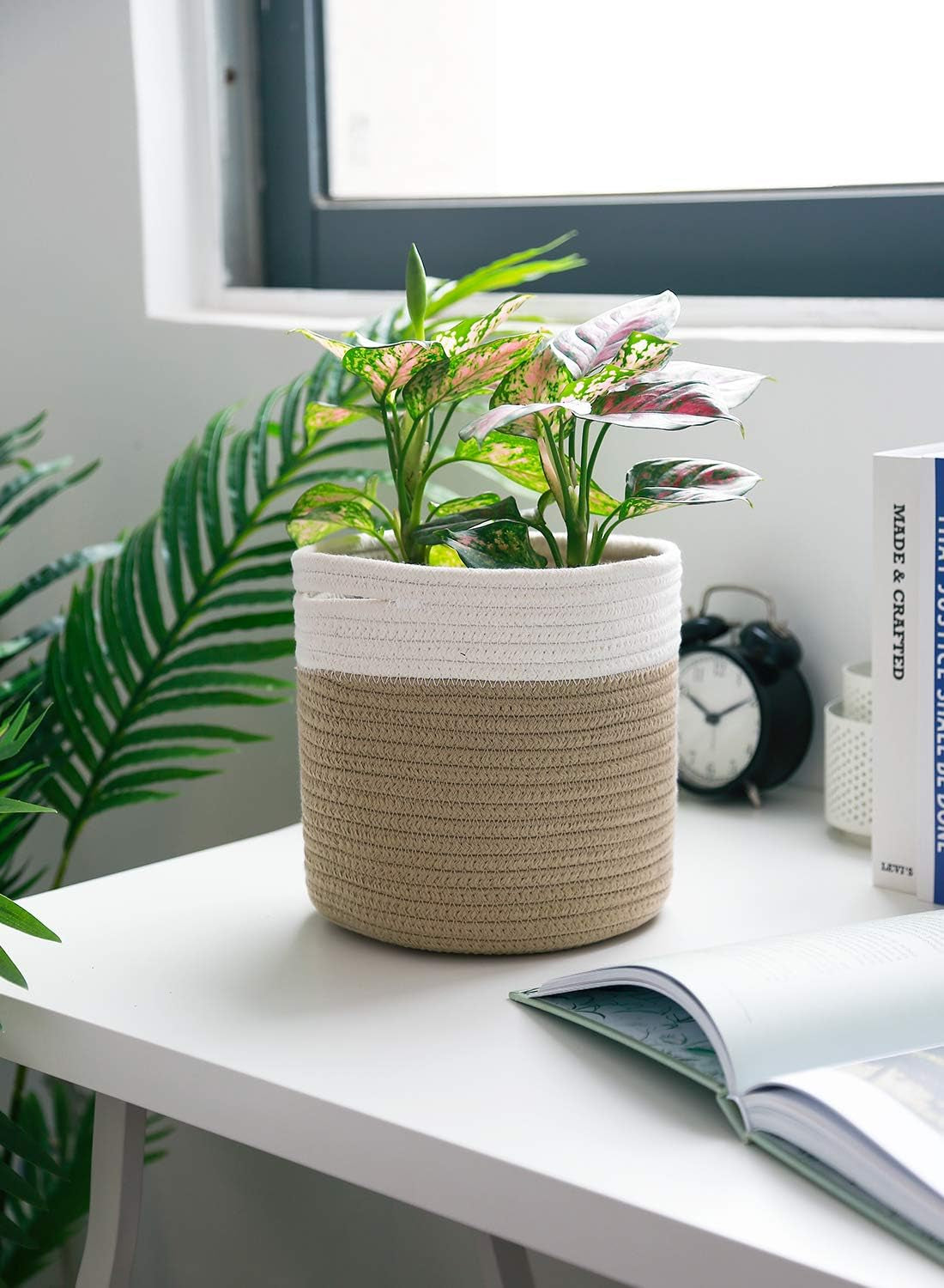 8"X7.5" Basket Planters for Indoor Plants, up to 7.5 Inch Flower Pot, Sturdy Woven Rope Organizer with Handle, Small, White Brown Stripes