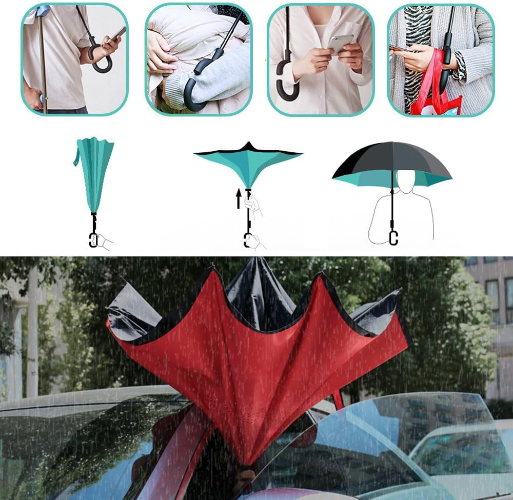 Windproof Double Layer Folding Inverted Umbrella, Self Stand Upside-Down Rain Protection Car Reverse Umbrellas with C-Shaped Handle