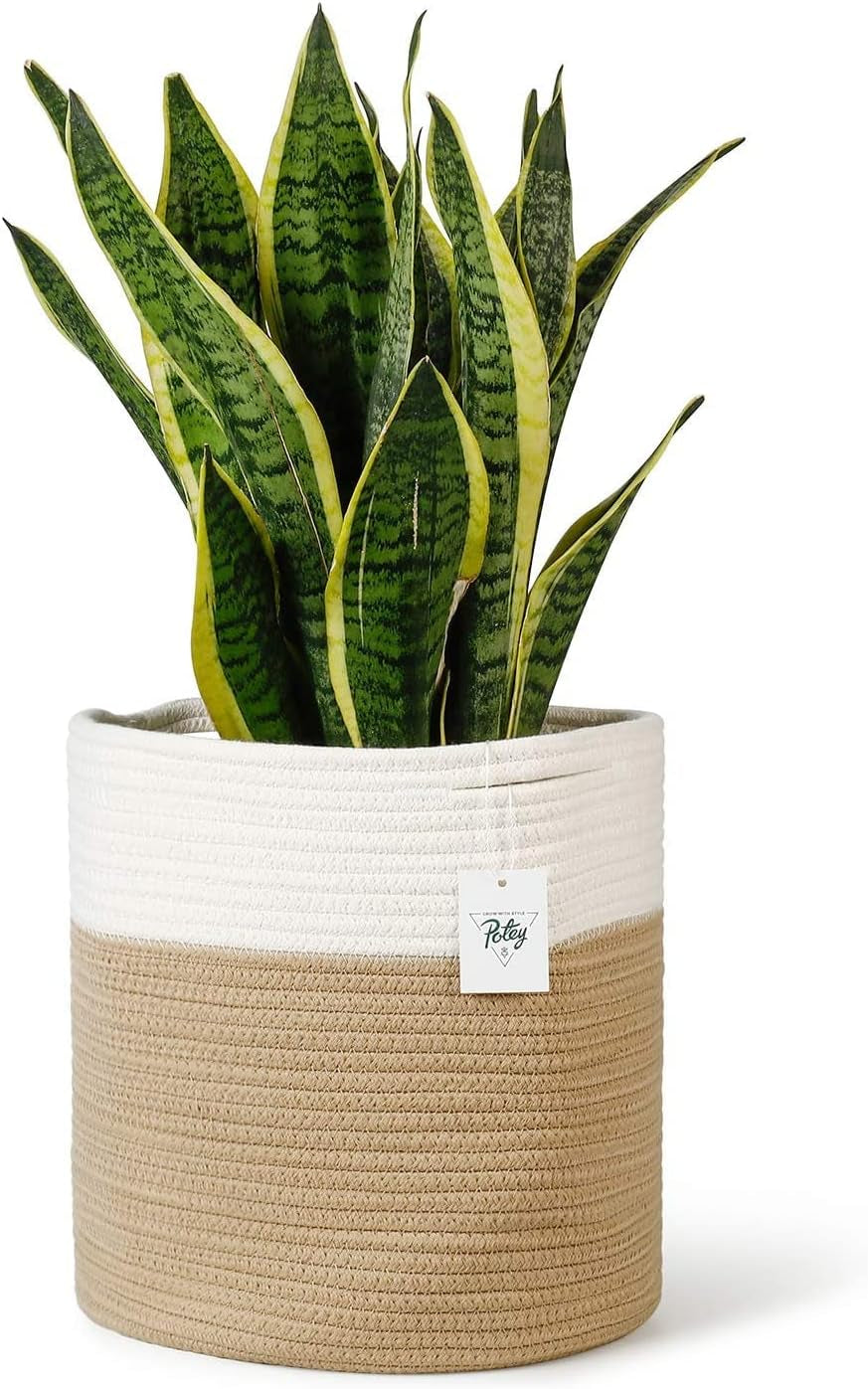 8"X7.5" Basket Planters for Indoor Plants, up to 7.5 Inch Flower Pot, Sturdy Woven Rope Organizer with Handle, Small, White Brown Stripes