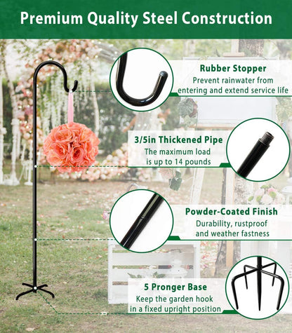 Adjustable Outdoor Shepherd Hook Stand with 5 Prong Base, 60 Inches Tall 3/5 in Thick, Shiny Black (2 Packs)