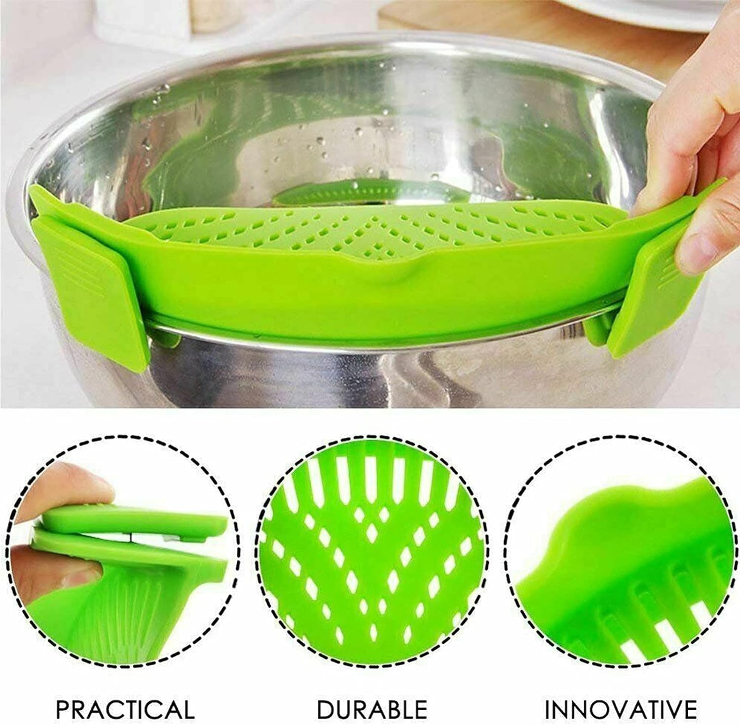 2 Pcs Clip on Strainer, Pot Strainer for Pasta Meat Vegetables Fruit, Silicone Strainer - Fit All Pots Bowls.