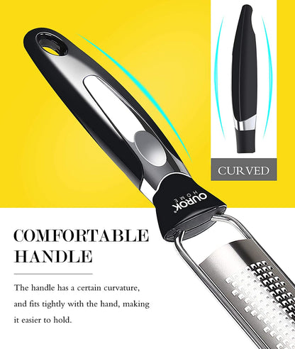 Kitchen Lemon Zester, Stainless Steel Hand Held Parmesan Cheese Grater for Ginger, Chocolate, Coconut, Lime, Nutmeg, Citrus, Fruit, Vegetable with Cleaning Brush, Dishwasher Safe, Black