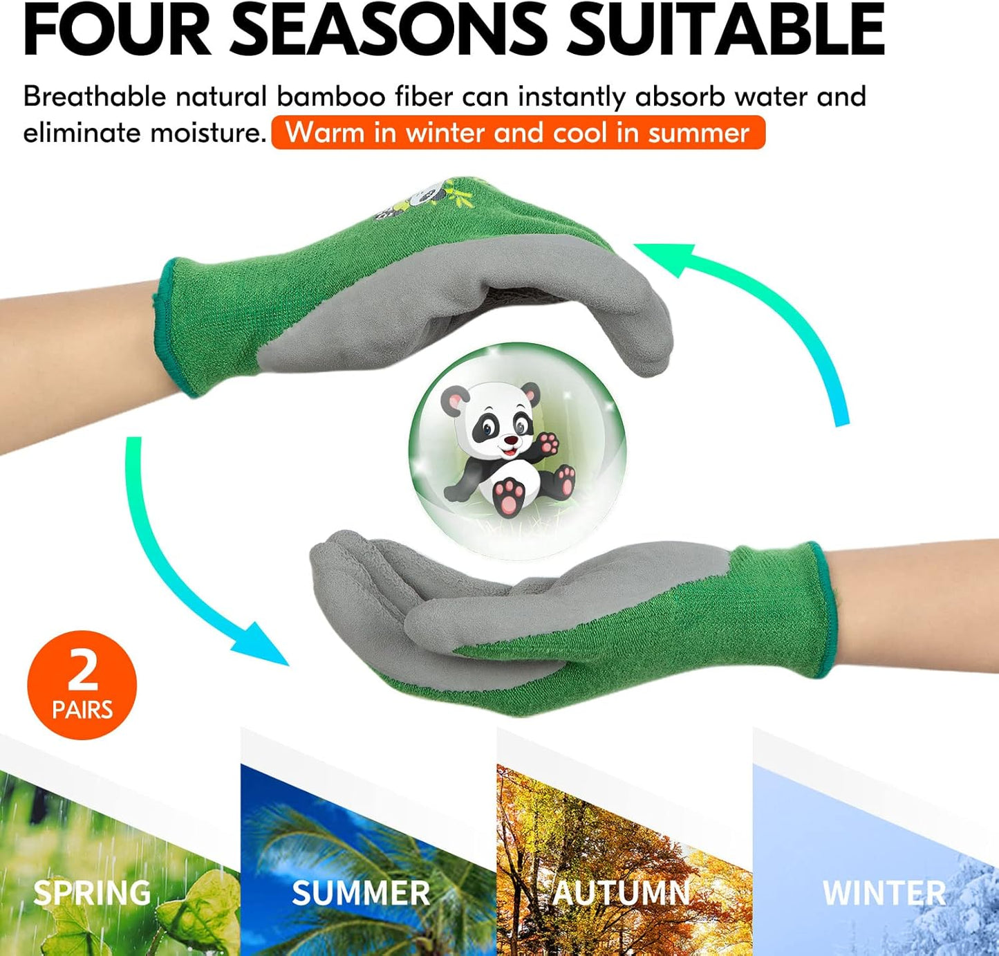 2-Pairs Age 5-7 Kids Gloves, Bamboo Fibre Gardening Gloves, Children Yard Work Gloves, Soft Safety Rubber Gloves (Size XXS, Green, KID-RB6026)