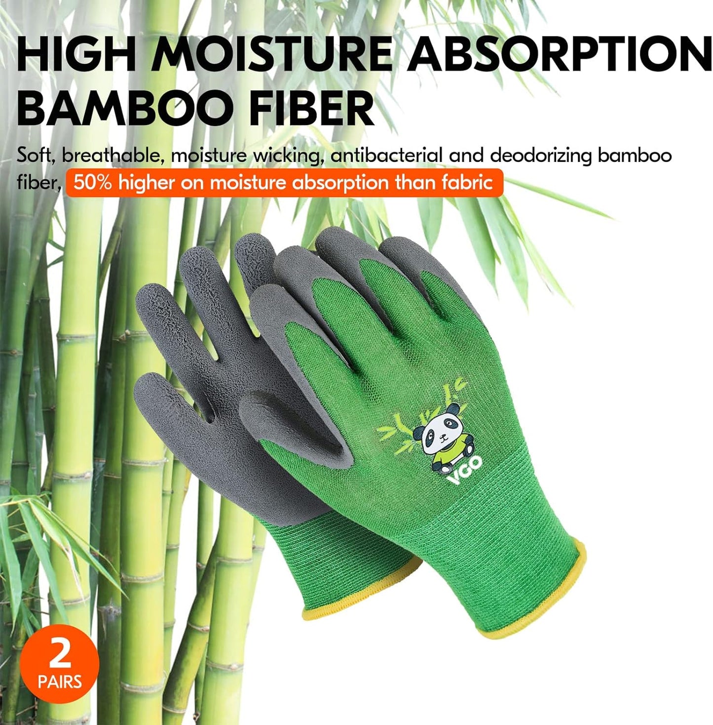 2-Pairs Age 5-7 Kids Gloves, Bamboo Fibre Gardening Gloves, Children Yard Work Gloves, Soft Safety Rubber Gloves (Size XXS, Green, KID-RB6026)