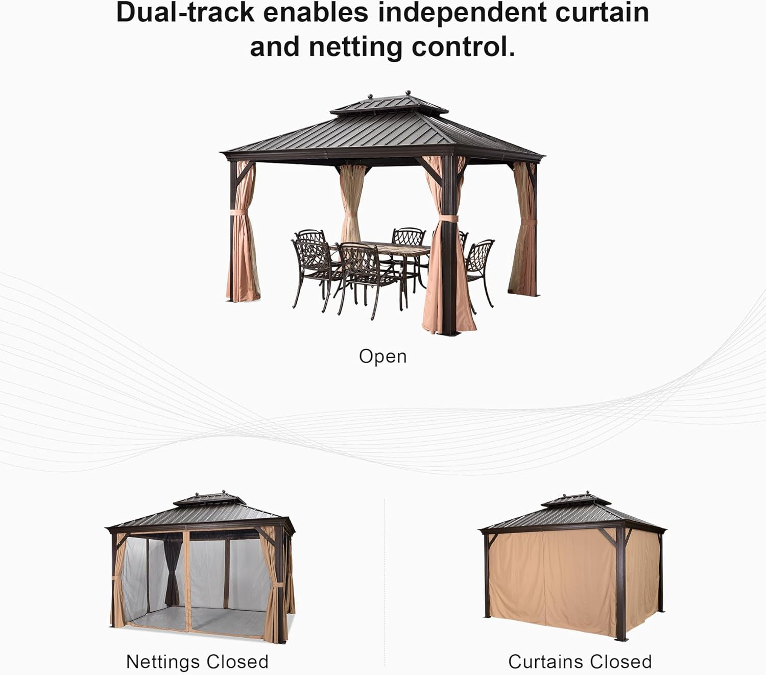 10' X 12' Hardtop Gazebo Canopy for Patio Deck Backyard Heavy Duty outside Sunshade with Netting and Curtains Outdoor Permanent Metal Pavilion