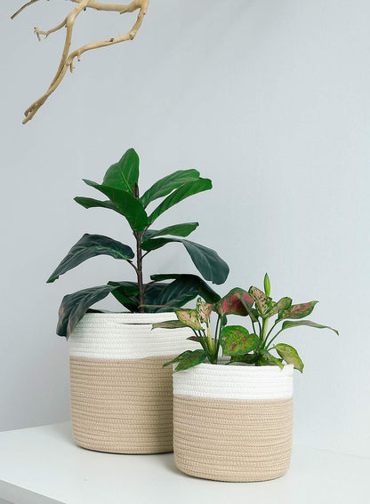 8"X7.5" Basket Planters for Indoor Plants, up to 7.5 Inch Flower Pot, Sturdy Woven Rope Organizer with Handle, Small, White Brown Stripes